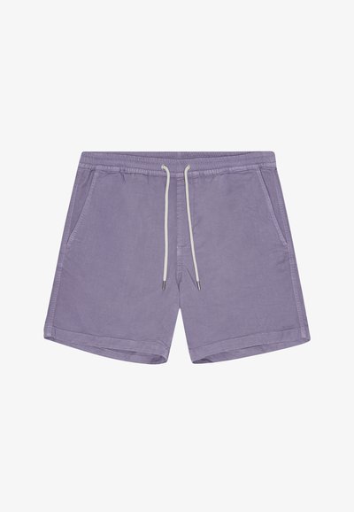 Lila shorts met een elastische tailleband, witte trekkoorden en twee zijzakken. De stof heeft een zachte textuur en een casual ontwerp.