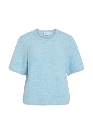 helehall sinine lühikeste varrukatega kootud kampsun ümmarguse kaelusega. Pehme tekstuur ja lai lõige. Silt kaela siseküljel nähtav.