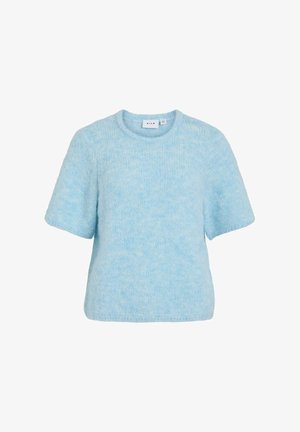 helehall sinine lühikeste varrukatega kootud kampsun ümmarguse kaelusega. Pehme tekstuur ja lai lõige. Silt kaela siseküljel nähtav.