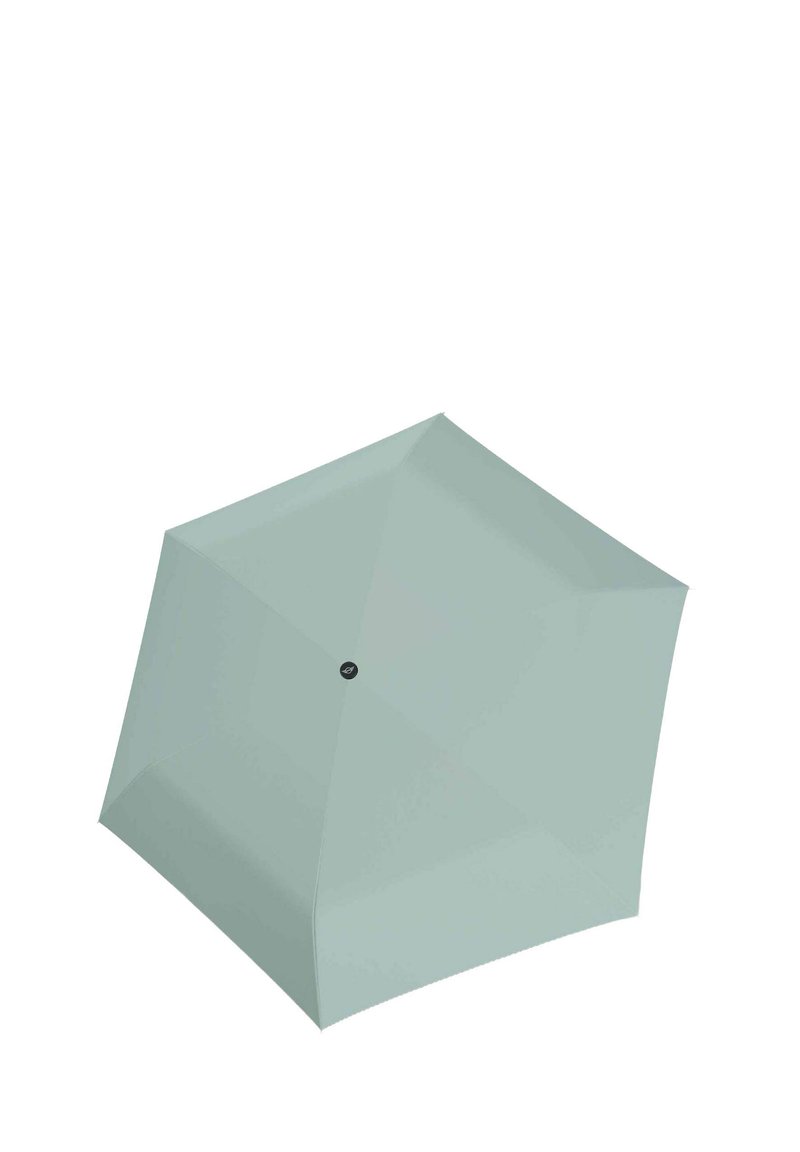Lichtgroene paraplu met een hexagonale vorm, gladde oppervlakte, centrale knop en minimalistisch ontwerp. Geen zichtbare patronen of hardwaredetails.