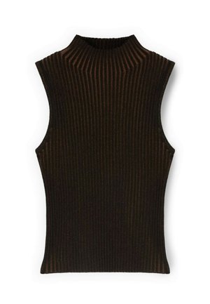 Ärmelloses, dunkelbraunes, geripptes Stricktop mit Stehkragen, figurbetonter Silhouette und vertikalen, strukturierten Streifen.
