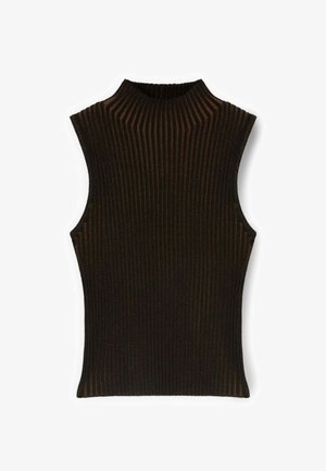 Mouwloze donkerbruine geribbelde gebreide top met een nepcol, een aansluitende pasvorm en verticale, getextureerde strepen.