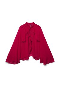 Blouse rouge fluide avec des volants, col haut et manches larges. Fabriquée en tissu léger, elle présente un design léger et féminin.