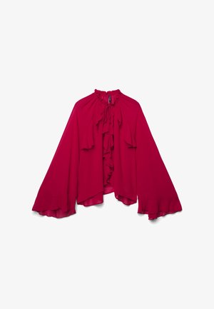 Rote, fließende Bluse mit gerafftem Saum, hohem Kragen und weiten Ärmeln. Hergestellt aus leichtem Stoff, zeichnet sie sich durch ein schwingendes, feminines Design aus.