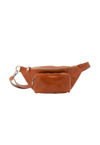 Borsa a tracolla in pelle marrone con due scomparti con zip. Presenta una cintura ampia, una forma arrotondata e una superficie liscia con una leggera lucentezza.