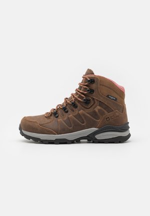 Brown hiking boot with a textured leather upper, gray outsole, pink mesh collar, and black eyelets for laces. Features a contoured shape.