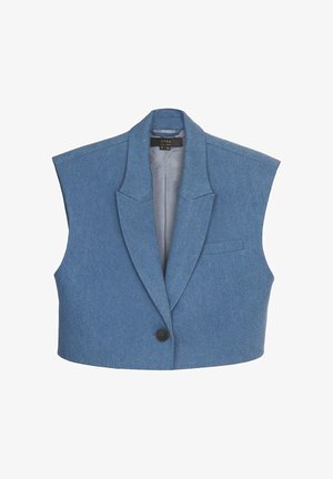 Krótkoterminowa niebieska kamizelka z denimu, z wyciętym kołnierzem, pojedynczym czarnym zapięciem na guzik i detalami kieszeni na przodzie.