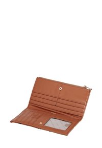 Brown leather wallet with a zip closure, multiple card slots, a transparent ID window, and gold hardware accents. Smooth texture.