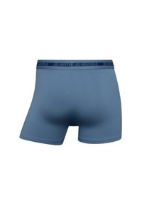 Siniset bokserit, jotka on valmistettu sileästä kankaasta, tiiviillä designilla ja laivastonsinisellä vyötäröerellä, jossa on "JBS UNDERWEAR" -brändäys.