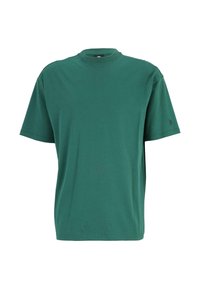 Groene katoen t-shirt met een ronde hals, korte mouwen en een ontspannen pasvorm. Heeft een klein logo op de linkermouw. Glad textuur.