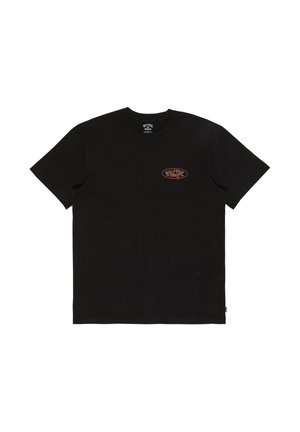 Black cotton t-shirt with short sleeves, featuring a small red and white logo on the chest and a classic crew neck design.
