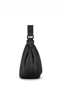 Borsa a tracolla nera con una texture morbida, design arricciato, tracolla regolabile e un discreto dettaglio con logo nella parte superiore. Forma compatta e moderna.