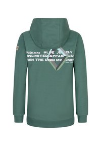 Zielona bluza z kapturem ze sznurkiem, z białym napisem i geometrycznym wzorem z tyłu. Miękka struktura oraz prążkowane mankiety i dół.