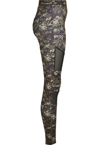 Leggings moulants avec motif camouflage numérique et panneaux en mesh noirs sur la cuisse et le mollet, conçus pour une tenue active.