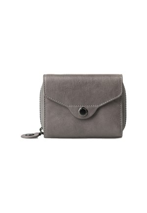 Portafoglio grigio in pelle con chiusura a patta, caratterizzato da un pulsante decorativo nero. Bordo con zip e texture liscia, forma rettangolare compatta.