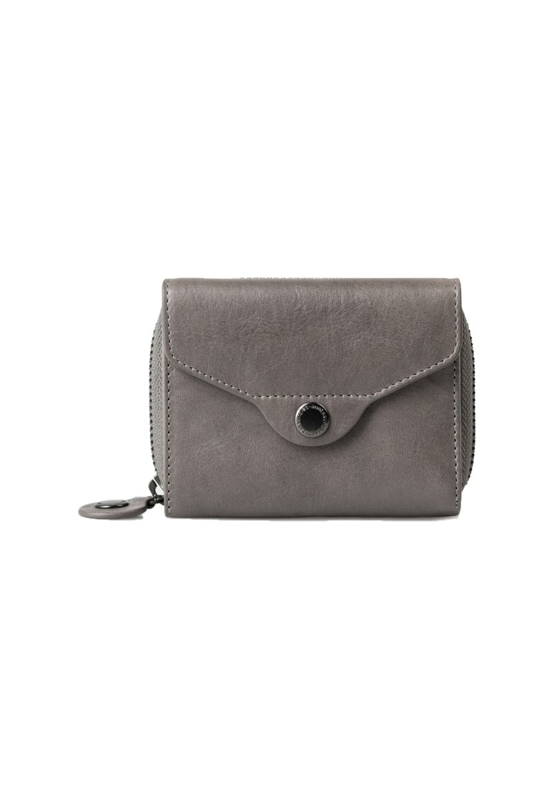 Portafoglio grigio in pelle con chiusura a patta, caratterizzato da un pulsante decorativo nero. Bordo con zip e texture liscia, forma rettangolare compatta.
