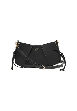 Sac à main en cuir noir avec quincaillerie dorée, présentant un design structuré, des coutures blanches contrastantes et une bandoulière amovible.