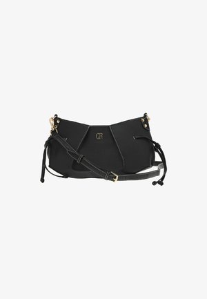 Sac à main en cuir noir avec quincaillerie dorée, présentant un design structuré, des coutures blanches contrastantes et une bandoulière amovible.