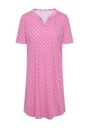 Roze nachthemd met korte mouwen en witte polka dots, V-hals en een losse pasvorm. Gemaakt van zachte stof met een subtiel gestreept patroon.