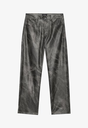 Gray faux leather wide-leg pants with a slight sheen, featuring a front button closure, belt loops, and two front pockets.