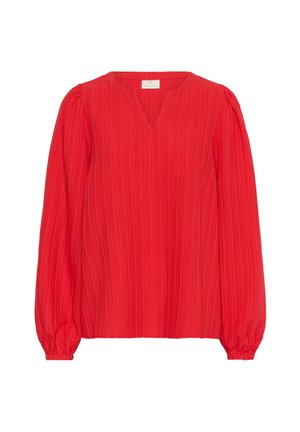 Rote Bluse mit langen Ärmeln aus strukturiertem Stoff, V-Ausschnitt und gerafften Ballonärmeln. Das Material ist mit vertikalen Streifen durchzogen.