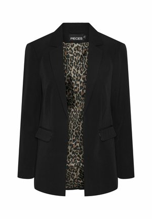 Schwarzer Blazer mit Reverskragen, zwei Fronttaschen und Innenfutter im Leopardenmuster. Hergestellt aus einem glatten Stoff mit taillierter Passform.