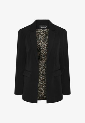 Schwarzer Blazer mit Reverskragen, zwei Fronttaschen und Innenfutter im Leopardenmuster. Hergestellt aus einem glatten Stoff mit taillierter Passform.