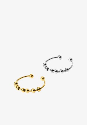 Zwei offene Perlenringe, einer goldfarben und einer silberfarben, jeweils mit sieben gleichmäßig verteilten kugelförmigen Perlen auf einem dünnen Band.