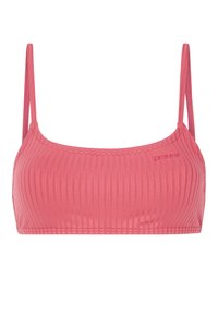 Bralette rosa a coste con spalline sottili, caratterizzato da una superficie liscia e un piccolo logo sul lato sinistro. Design semplice e minimalista.