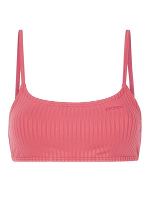 Różowy prążkowany biustonosz braletka z cienkimi ramiączkami, charakteryzujący się gładką fakturą i małym logo po lewej stronie. Prosty, minimalistyczny design.