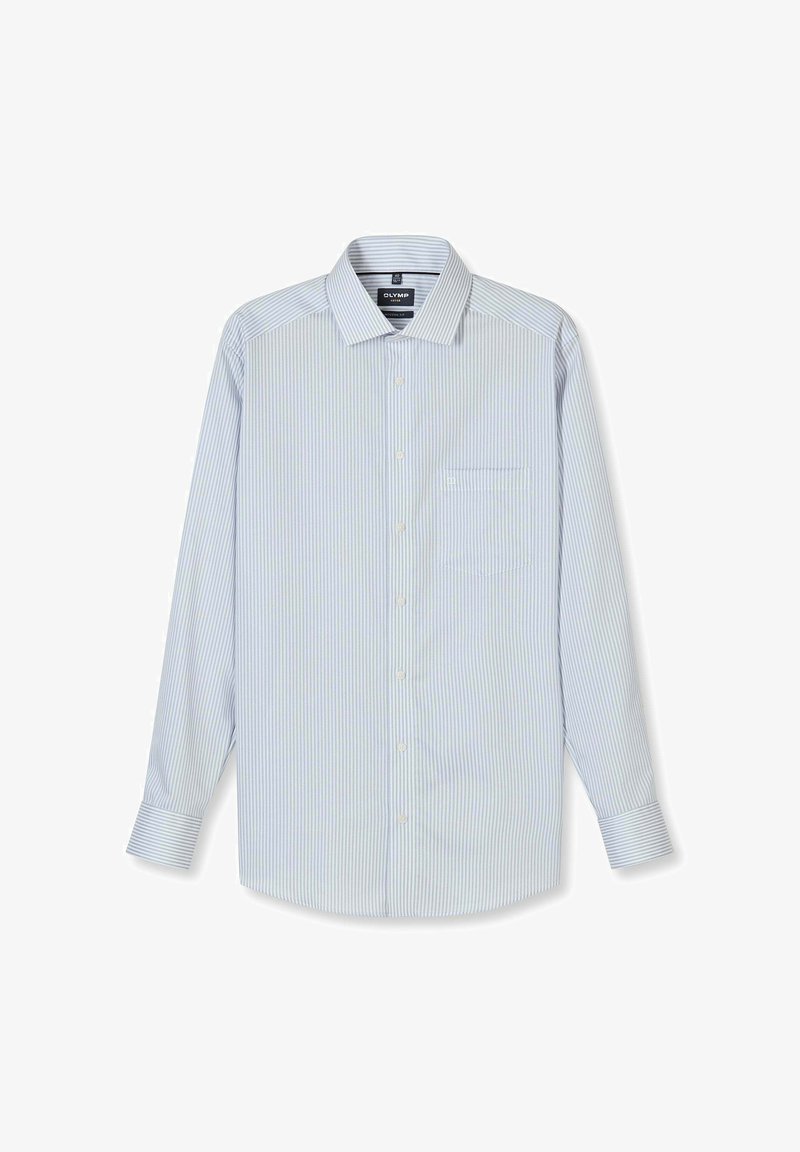 Herenoverhemd met lange mouwen, knoopsluiting, lichtblauw-witte verticale strepen, puntkraag en borstzak, afgebeeld op een witte achtergrond.