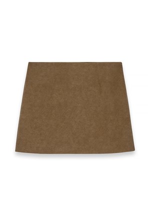 Bruine suède mini-jurk met een lichte A-lijn vorm en verborgen voorkeurs, weergegeven op een witte achtergrond.