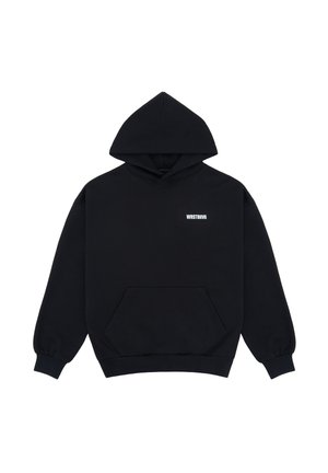 Sweat à capuche noir à manches longues avec poche avant, arborant un petit logo blanc WRSTBHVR sur la poitrine gauche.
