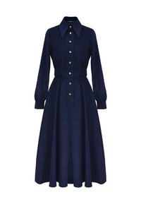 Granatowa sukienka z miękkiego materiału, z guzikiem z przodu, kołnierzykiem, długimi bufkami i elastyczną talią, dzięki czemu spódnica ma fason rozkloszowany.