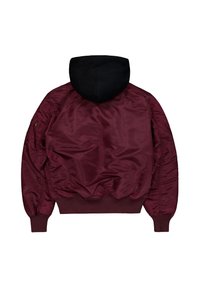 Bordeaux bomberjakke med sort hætte, satinlignende tekstur, ribbede manchetter og talje. Har lynlåslommer og et simpelt design.