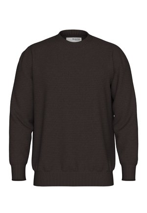Dark brown knit sweater with a textured pattern, round neck, and ribbed cuffs and hem. Made from a soft fabric.