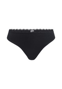 Zwarte katoenen string met een geschulpte kanten tailleband. Glad van textuur en fitted ontwerp. Klassieke stijl geschikt voor dagelijks gebruik.