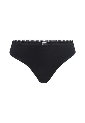 Tanga in cotone nero con cintura in pizzo ondulato. Texture liscia e design aderente. Stile classico adatto per un uso quotidiano.