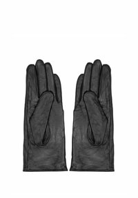 Czarne skórzane rękawiczki o gładkiej fakturze, z szwami na palcach i klasycznym designie, leżące na płasko z wewnętrzną stroną dłoni do góry.