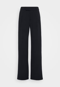 Wide-leg trousers in solid black fabric, featuring a flat front, belt loops, and a smooth texture, with no visible patterns or accents.