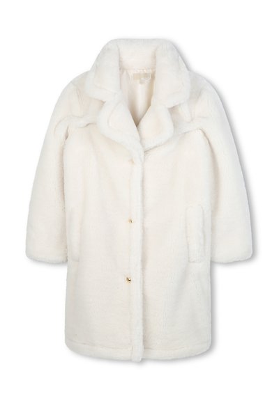 White faux fur long coat with wide collar, two front pockets, and gold snap button closures.