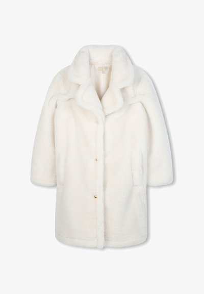 Balta mākslīgā zīda garā mētelis ar plašu apkakli, divām priekšējām kabatām un zelta pogu aizdariem.