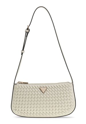 Sac bandoulière crème avec motif tressé, fermeture éclair dorée, sangle noire réglable et petit logo métallique triangulaire à l'avant.