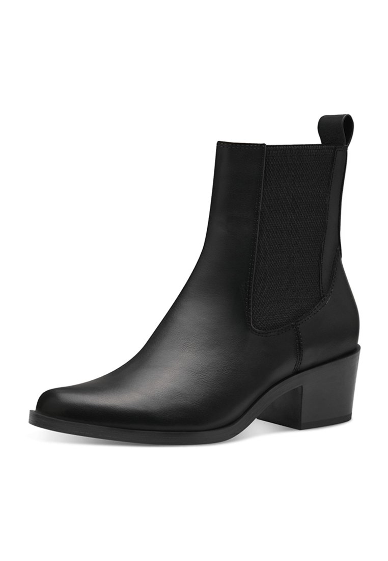 Schwarze Leder-Stiefelette mit runder Zehenform, elastischen Seiteneinsätzen und Blockabsatz. Die Oberfläche ist glatt und hat ein mattes Finish.
