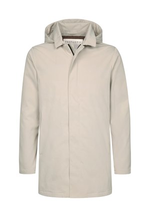 Lichtbeige regenjas met capuchon, voor knoopsluiting, twee zijzakken en een rechte pasvorm. Gemaakt van glad, waterafstotend materiaal.