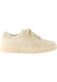 Beige joggesko med glatt skinnoverdel, teksturerte detaljer, rund tå og en tykk gummisåle. Har lette snørebånd og merkevare detaljer.