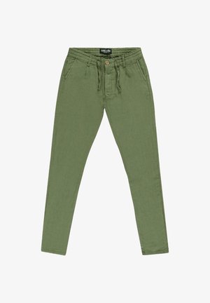 Groene, lichtgewicht, taps toelopende broek met een elastische taille, knoopsluiting en twee zijzakken; gemaakt van ademende stof.