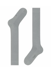 Graue Socken aus glattem Stoff, ausgestattet mit einem kontrastierenden gerippten Bündchen und einem nahtlosen Zehendesign. Markenname auf der Sohle bedruckt.