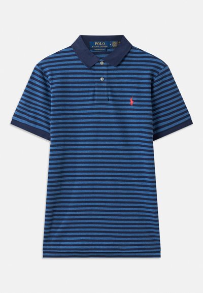 Striped polo shirt in blue tones with dark blue collar. Features short sleeves and small red logo on the left chest. Lightweight fabric.