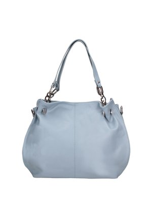 Borsa a mano in pelle azzurro chiaro con doppi manici a spalla e componenti in metallo color argento, esposta su sfondo bianco.